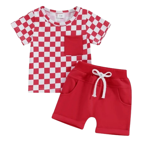Red and White Color Block Checkered Set