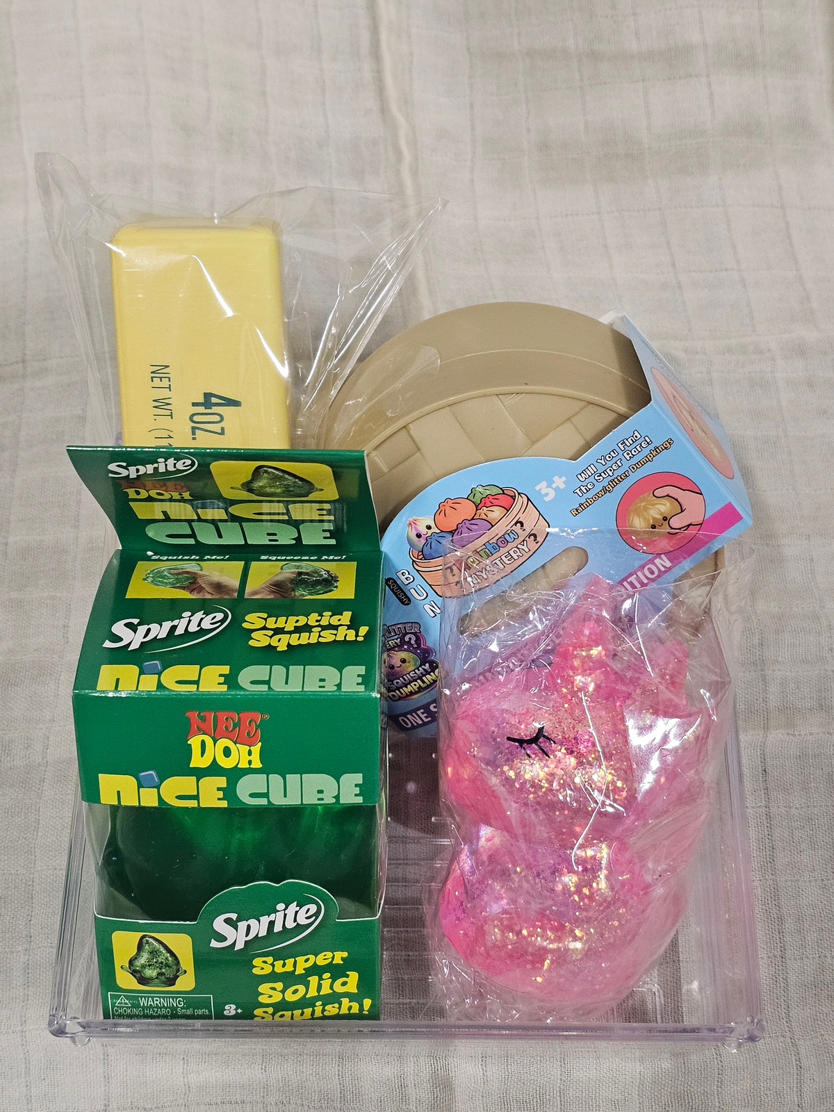 Squishy basket - dumpling, Sprite drop and more