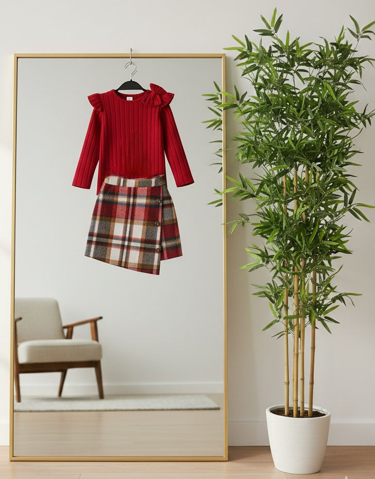 Red plaid Skirt set with bow top