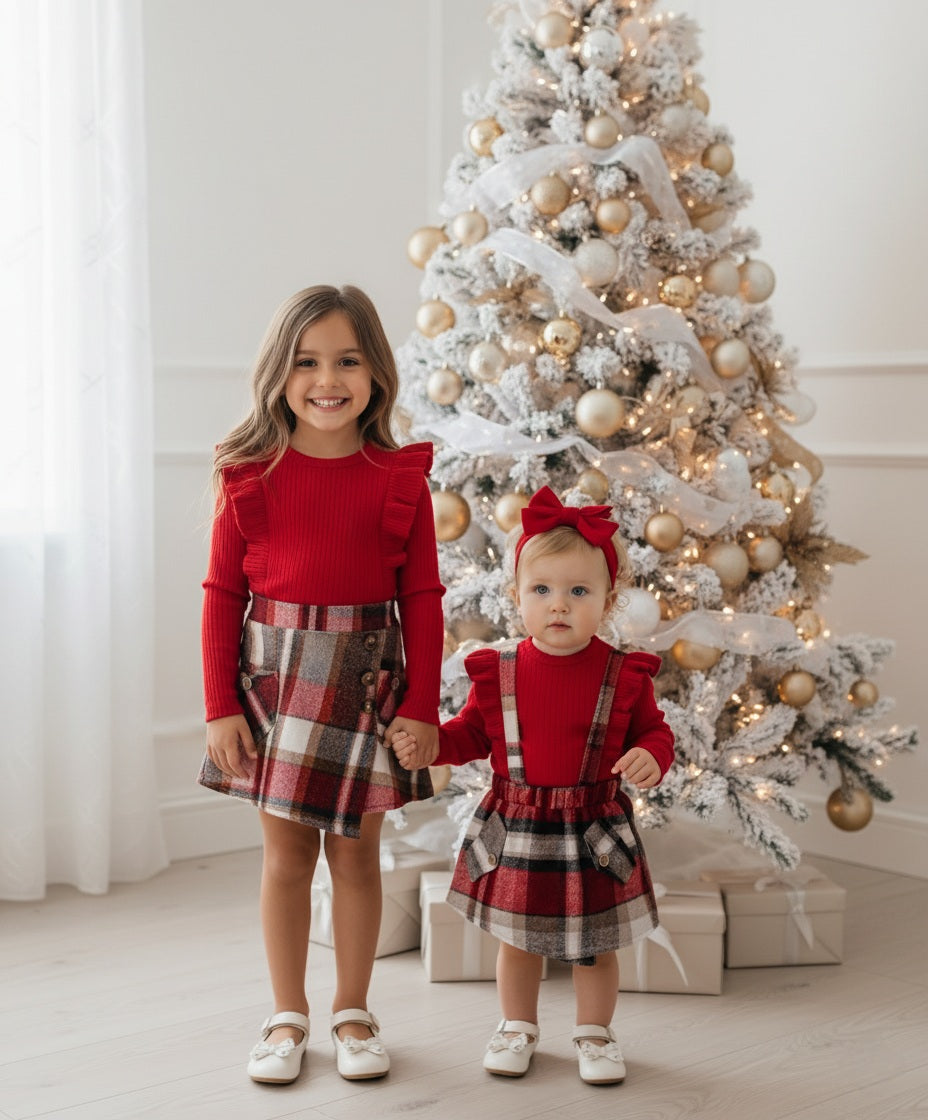 Red plaid Skirt set with bow top