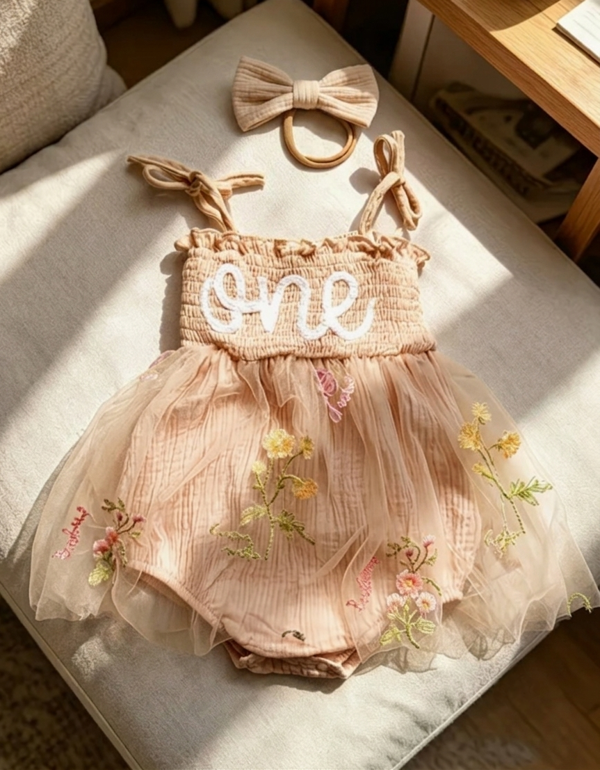 Beige "one" romper outfit with bow