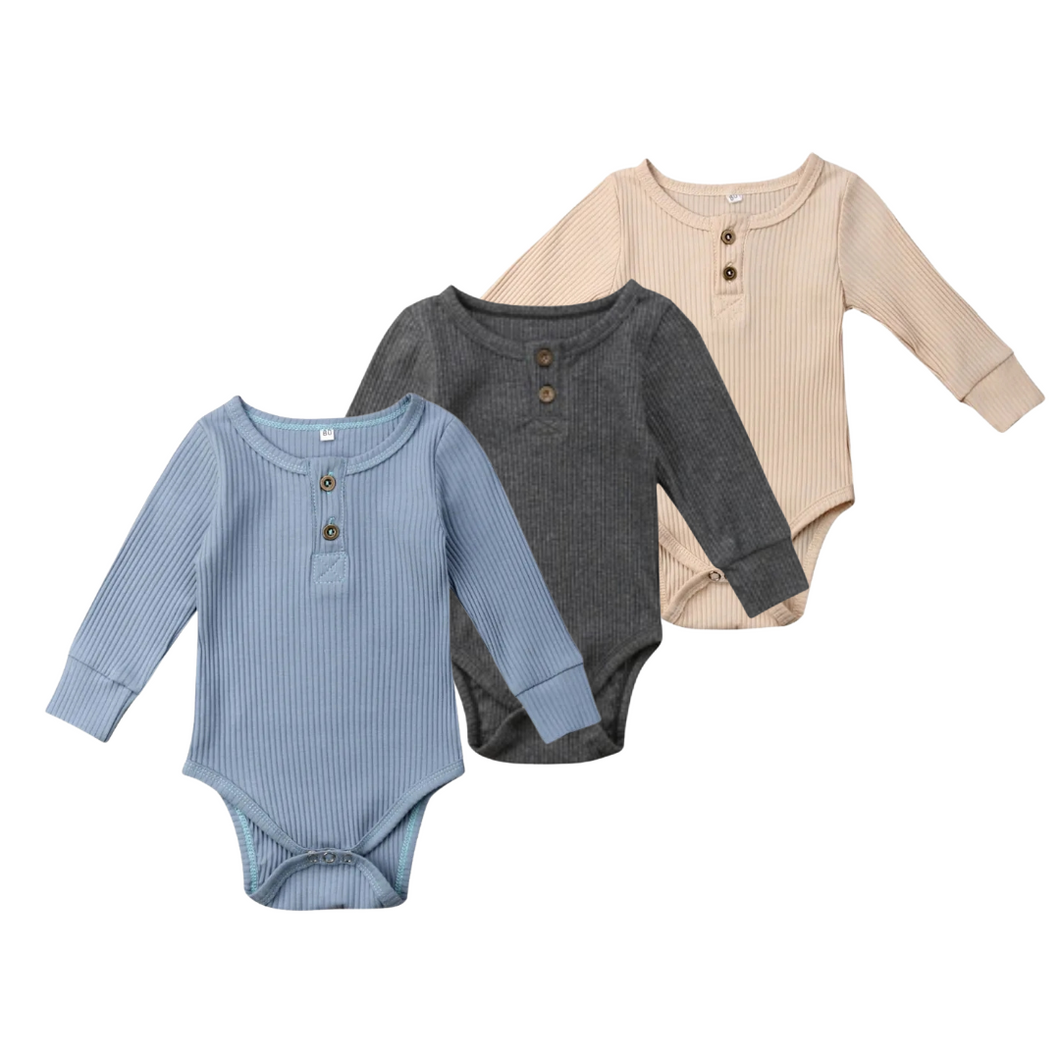 Blue, grey and beige body suits