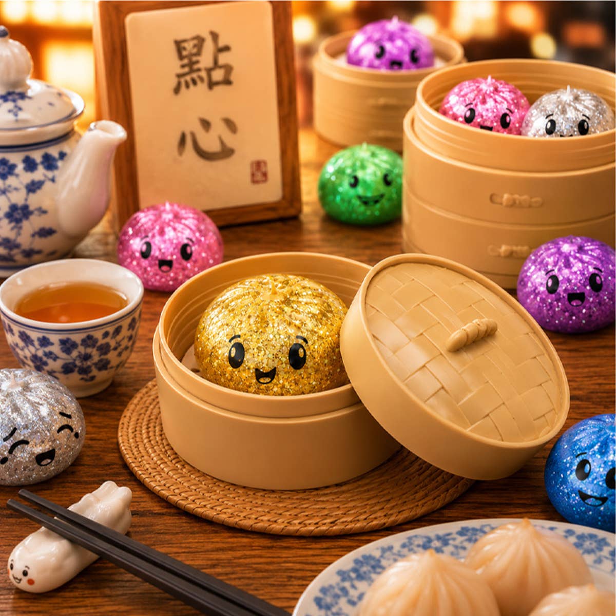 Squishy Mini Glitter Dumpling in Steamer
