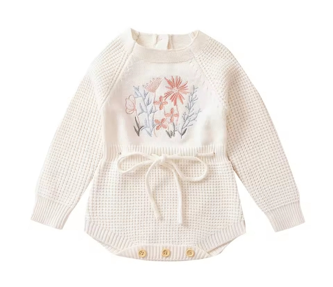 White knit Flower applique romper