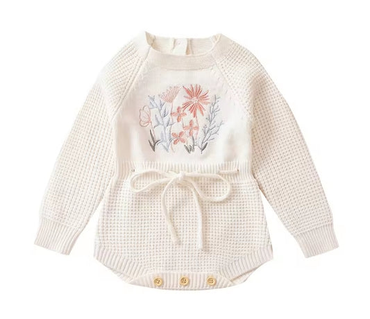 White knit Flower applique romper