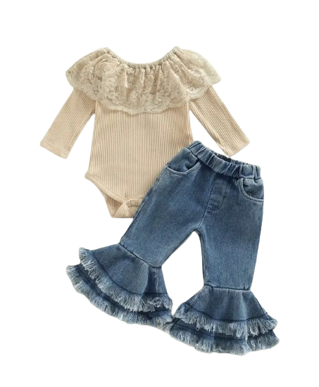 Lace shoulder top with denim flares