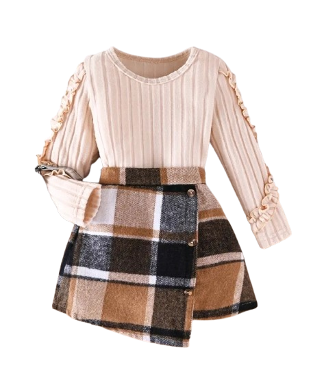 Beige and Plaid Skirt Set