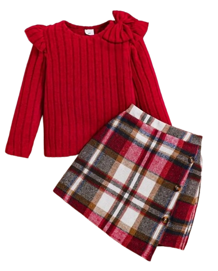 Red plaid Skirt set with bow top