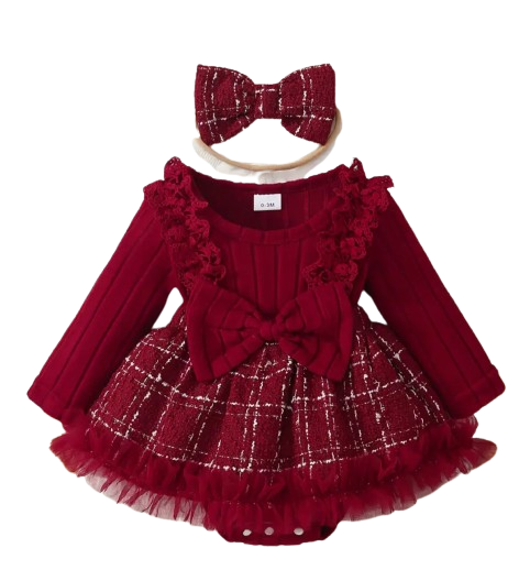 Tweed and ruffle romper set with bow