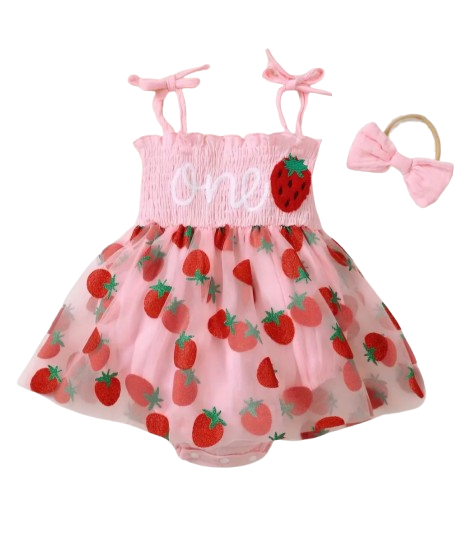 Strawberry romper dress with headband