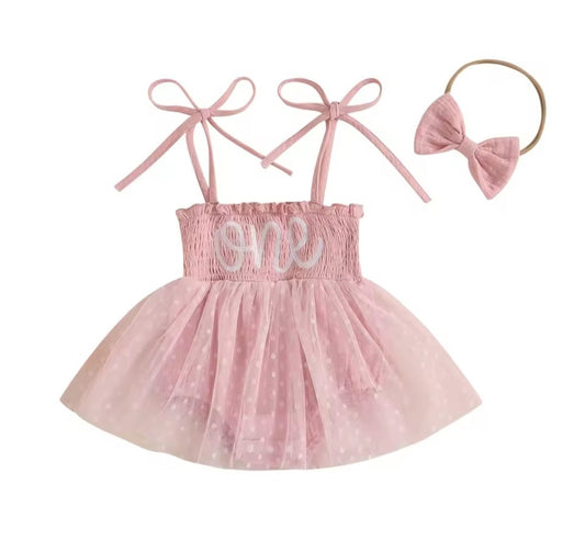 Pink "One" Romper with bow