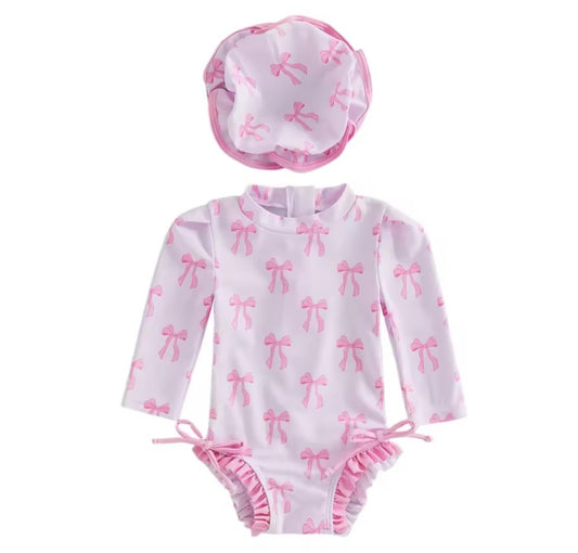 Long Sleeve Bow and Cap Bathing Suit