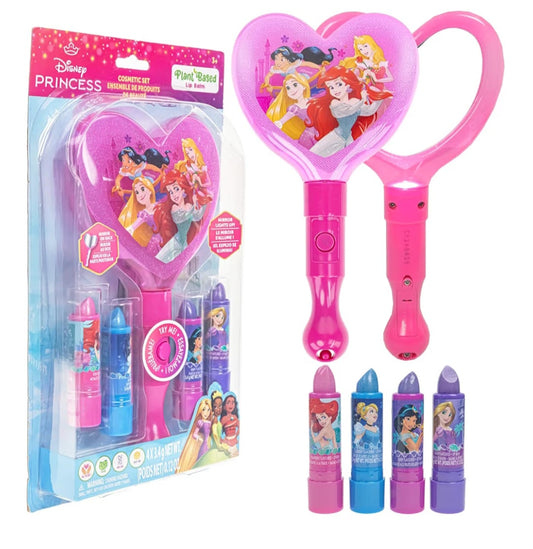 Townley Girl Disney Princess Sparkly Lip Balm for Girls, 4 Pack with Light Up Mirror