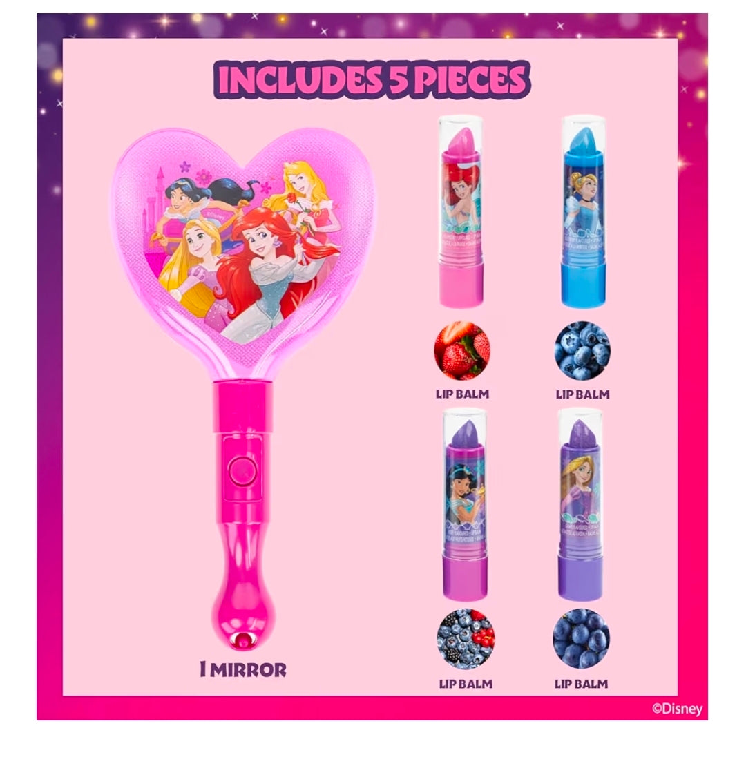 Townley Girl Disney Princess Sparkly Lip Balm for Girls, 4 Pack with Light Up Mirror