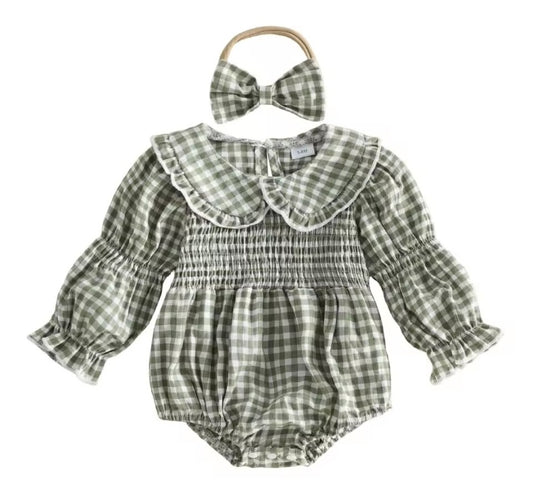 Green gingham onsie with bow