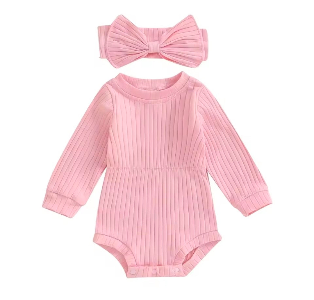 Pink ribbed onsie long sleeve sleeve with bow