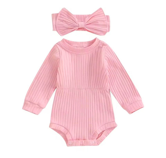 Pink ribbed onsie long sleeve sleeve with bow