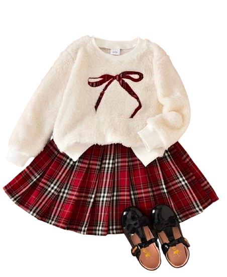 Red plaid skirt with fuzzy bow sweater