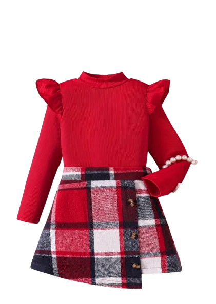 Red plaid set with hat
