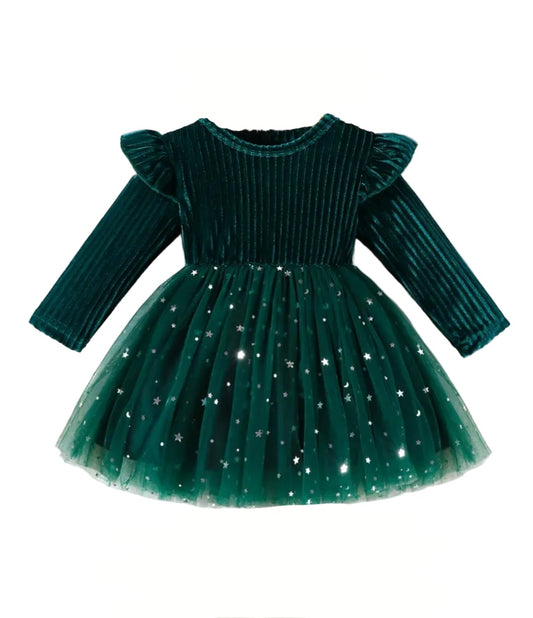 Green tulle and velvet baby dress